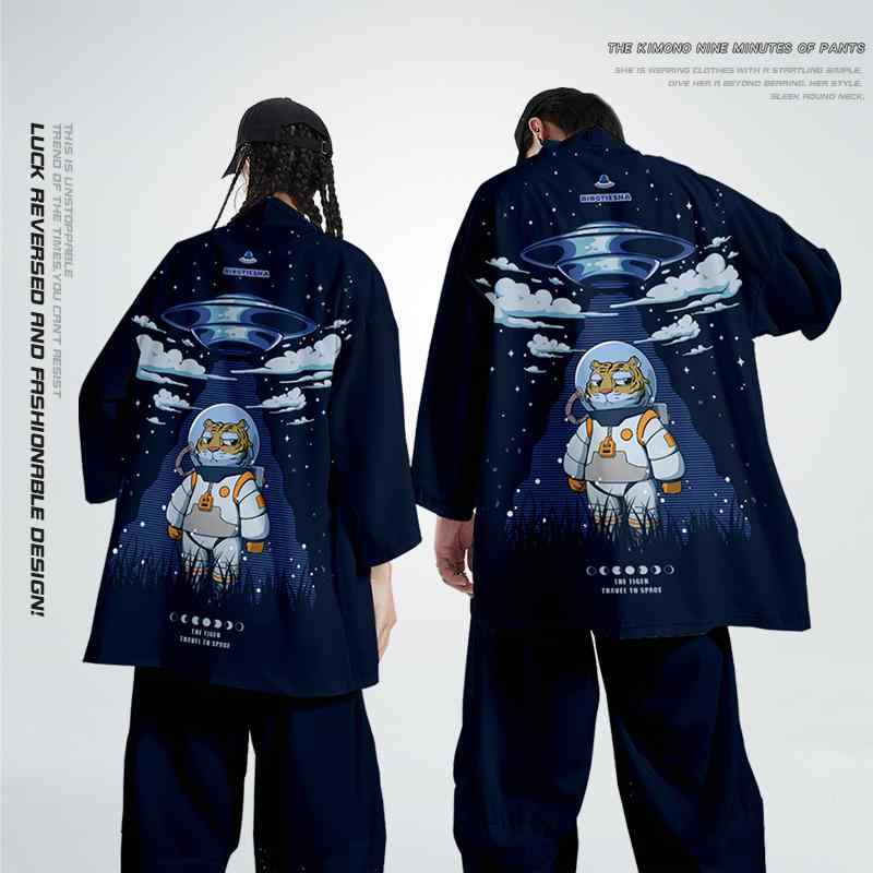 羽織 セットアップ 上下 紺 宇宙服 宇宙船 夜空 タイガー 虎 動物 アニマル はっぴ り メンズ 着物 道教 ローブ 春夏 カジュアル ステージ パフォーマ...