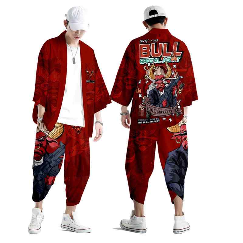 羽織 メンズ セットアップ 上下 春夏秋 七分袖 漢服 パフォーマンス 衣装 派手 赤 黒 カジュアル り 大きめサイズ レトロ 道教 ローブ ゆったり 快適 ...