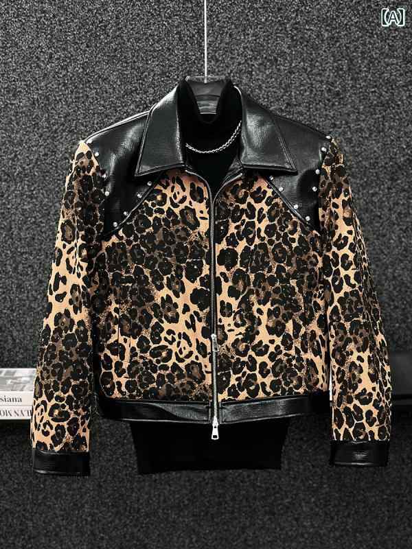 ライダースジャケット レオパード メンズ ハイエンド ショート ショルダーパッド ジャケット 秋冬 ライ..