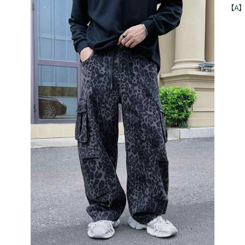 カーゴパンツ バギー メンズ ヒョウ柄 アメリカン カジュアル ブラック アウトドア ロングボトムス ジッパー ポケット ミディアムローウエスト コットン 秋冬 伸縮性 レオパード柄 抗菌 厚手