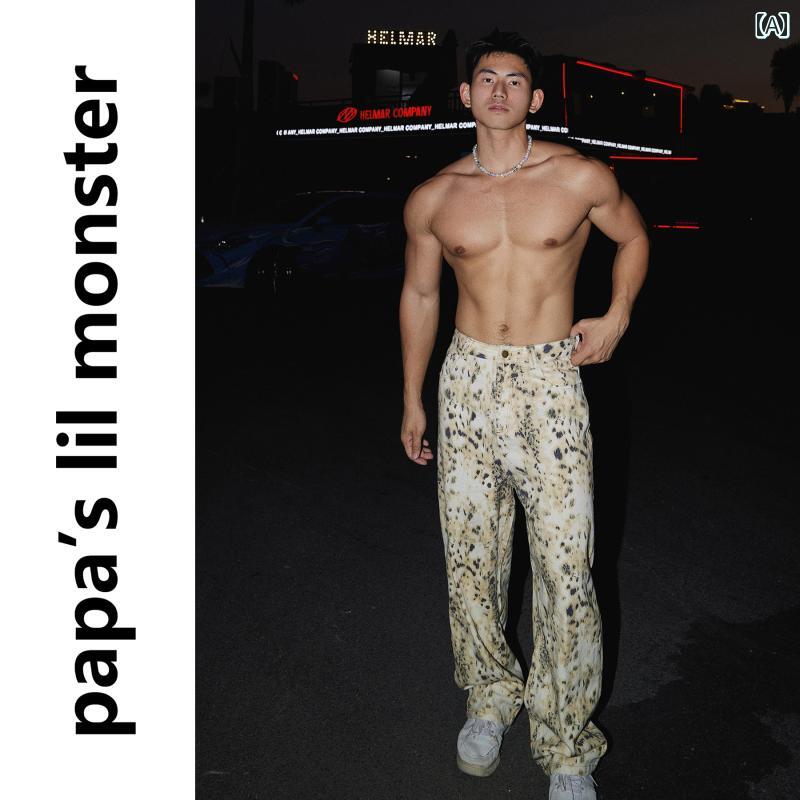 デニムパンツ ヒョウ柄 ユニセックス おしゃれ デザイン カジュアル アメリカン ズボン ジッパー ポケット 秋 ストレート レオパード柄 ファッション メンズ レディース