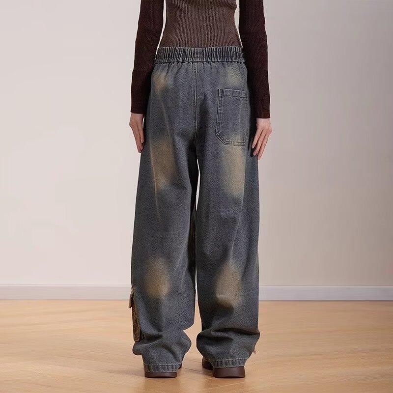 デニムパンツ ワイド ユニセックス レオパード柄 おしゃれ アクセントポケット ジッパー ズボン メンズ レディース ヒョウ柄 ストレート 秋 ウエストリボン アウトドア ボトムス(4)