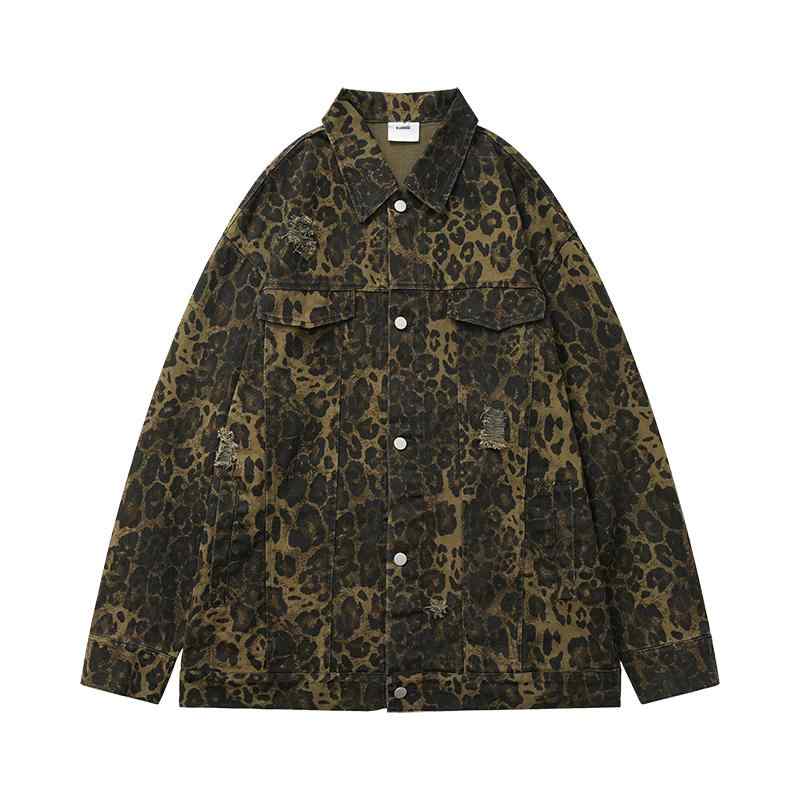 シャツ ジャケット メンズ アメリカン ストリート ヒップホップ ギャル ヒョウ柄 レオパード ロー エッジ レトロ ダメージ加工 ヴィンテージライク 春秋 写真映え ワークJK