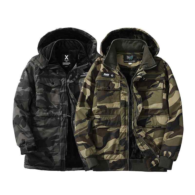 迷彩 ジャケット コート アウター おしゃれ ファッション カモフラージュ柄 秋冬 ベルベット 厚手 綿 防水 防寒 暖かい 作業着 大きいサイズ フード付き