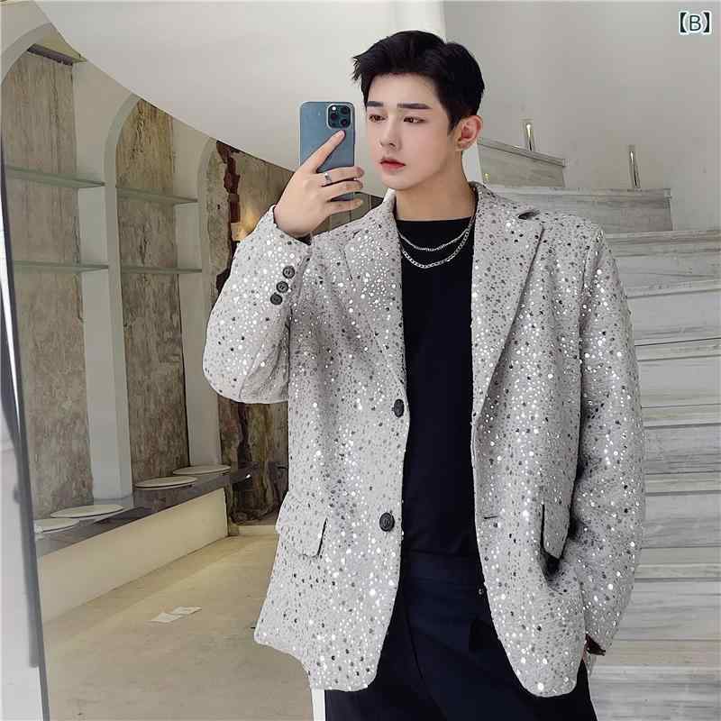 メンズ 上着 スーツ ジャケット ハイエンド スパンコール キラキラ アウター 紳士服 ナイトクラブ 歌手 ステージ パフォーマンス 衣装 羽織 オーバーサイズ 写真映え ダンス ダンサー パーティー