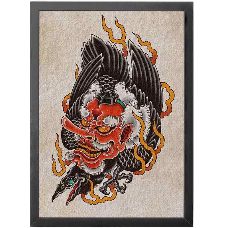 ポスター フォトフレーム 入れ墨 絵 カラー インテリア デザイン画 アート 古風 伝統的 原稿 A4 絵画 タトゥー 天狗 烏天狗 ショップ リビング ルーム 壁 飾り 装飾 壁掛け 部屋