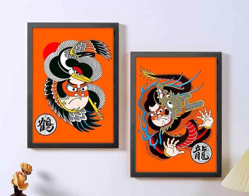 入れ墨 タトゥー ポスター 額縁 A4 A3 フォトフレーム 侍 動物モチーフ 絵画 アート 伝統的 イラスト ..
