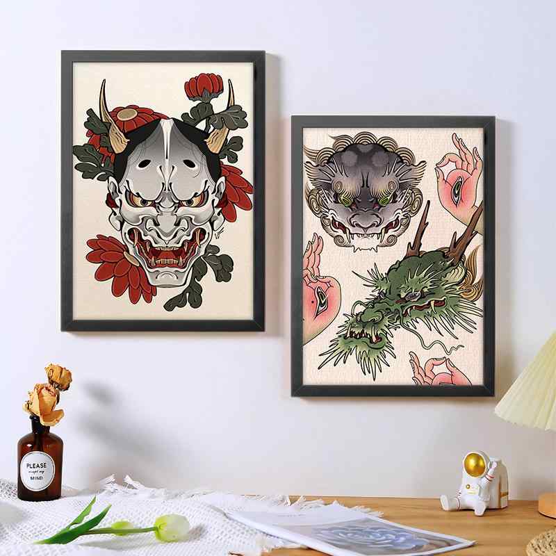 入れ墨 ポスター フォトフレーム 絵 A4 タトゥー デザイン画 アート 絵画 装飾 伝統的 般若 猫 マウス ..