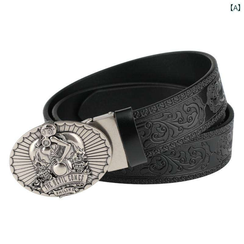 メンズ レザーベルト ライダース 二層牛革 レトロ エンボス加工 型押し デビルロボット 宇宙人 メタリック自動バック シルバー合金 ブロンズ合金 エンボス加工 黒 茶 調整可 耐久性 スタイリッシュ 高品質
