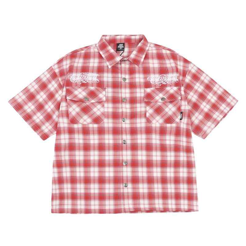 ネルシャツ ヒップホップ 赤 チェック柄 シャツ 半袖 アメリカン カジュアル Bボーイ 西海岸 チカーノ タトゥー 刺繍 スケボー ストリート ヤンチャ ギャル 羽織り 大きめ ゆったり ギャング オーバー