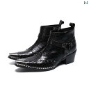ショート ブーツ ミドルヒール ポインテッドトゥ レザー つま先 装飾 シューズ メンズ レジャー 革靴 ステージ パフォーマンス モダン