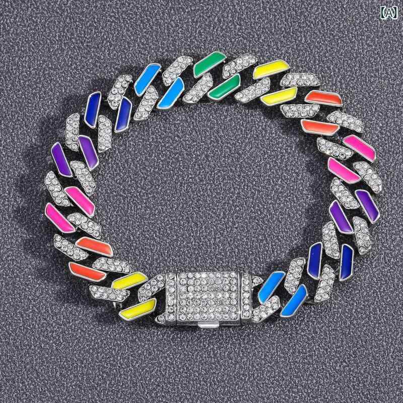 ネックレス キューバチェーン 太め キラキラ ヒップホップ アメリカ カラフル メンズ レディース カップル レインボー 12ミリメートル 菱形 レインボー 鎖骨