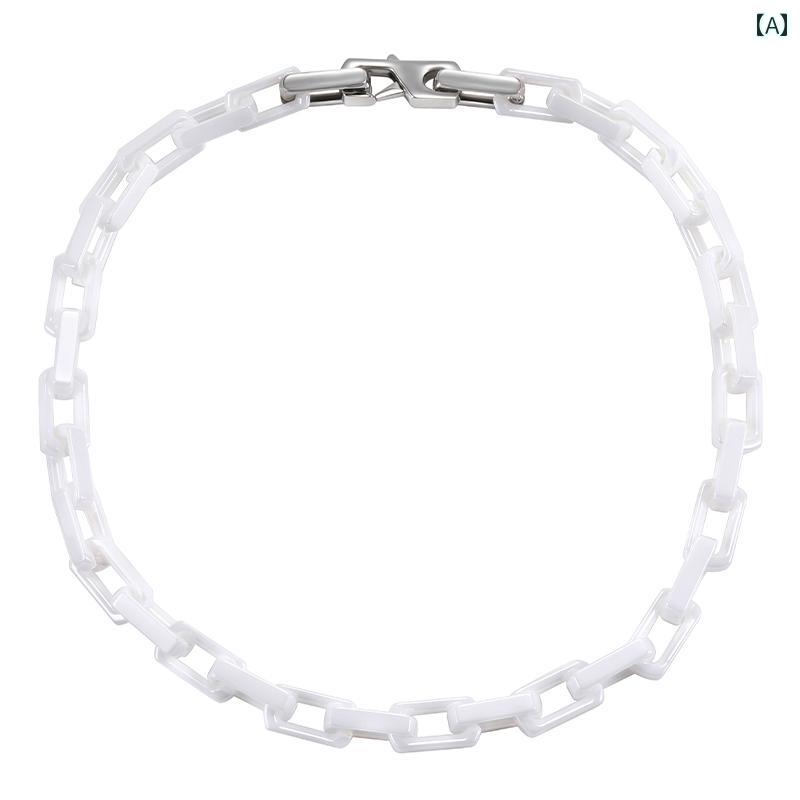 ネックレス ストリート おしゃれ 黒 白 セラミック スクエア メンズ レディース ヒップホップ アメリカ ユニーク カップルスタイル 鎖骨 チェーン