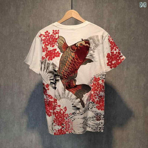 Tシャツ 和柄 トップス メンズ 刺繍 鯉 ラウンドネック ブラック ホワイト カジュアル アウトドア 夏 半袖 ファッション コーディネート 花柄 Tシャツ 和柄 トップス メンズ 刺繍 鯉 ラウンドネック ブラック ホワイト カジュアル アウトドア 夏 半袖 ファッション コーディネート 花柄