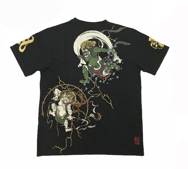 トップス Tシャツ 和柄 メンズ 風神 雷神 おしゃれ デザイン ラウンドネック ブラック ホワイト 夏 刺..