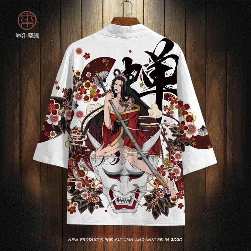 羽織り カーディガン メンズ レディース 春夏 和装 ユニーク 般若 神 プリント メンズ 着物 ローブ 漢服 伝統的 着物 はっぴ 大きめ 白 黒 鬼 衣装 ゆったり 快適 ルームウェア 部屋着 レトロ 古風