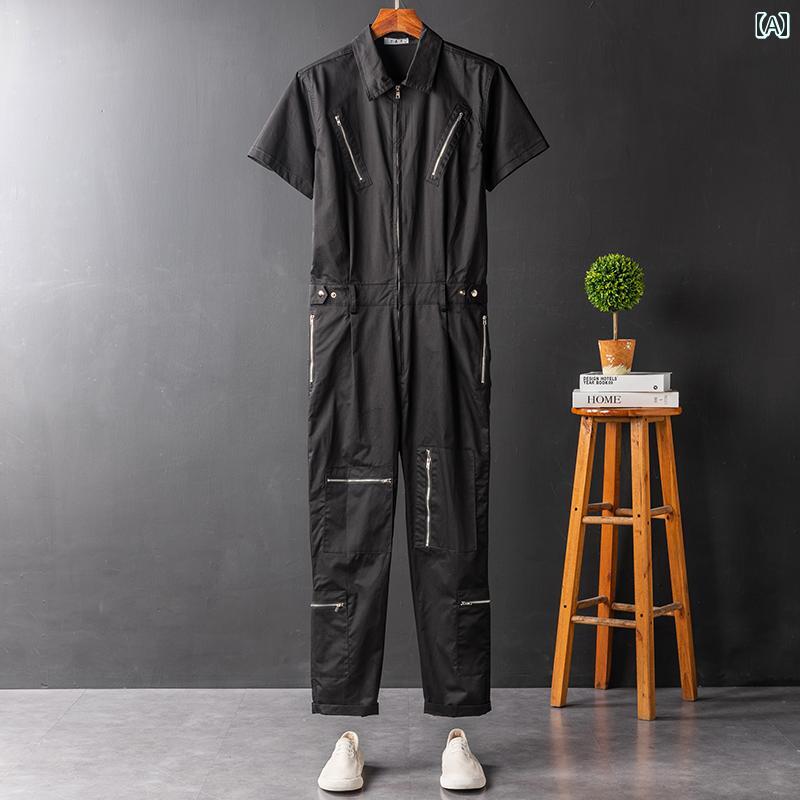 つなぎ 作業着 ストリート カジュアル ジャンプスーツ メンズ 夏 半袖 ジッパー 個性 グレー イベント衣装 シンプル 快適 ゆったり
