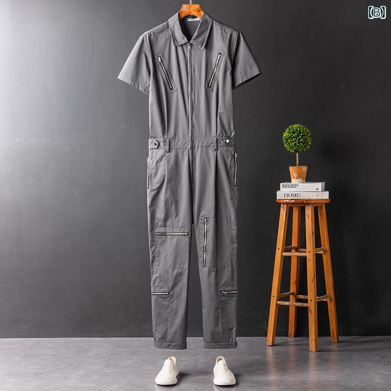 つなぎ 作業着 ストリート カジュアル ジャンプスーツ メンズ 夏 半袖 ジッパー 個性 グレー イベント衣装 シンプル 快適 ゆったり