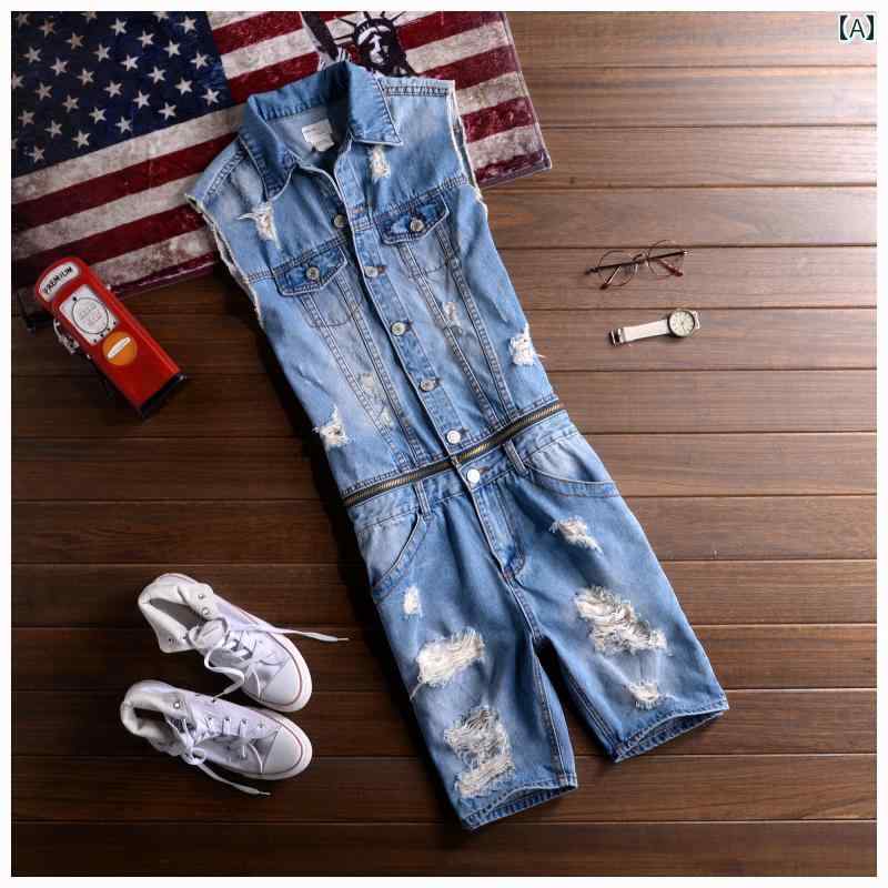 つなぎ 作業着 ストリート メンズ ベスト レトロ ワークウェア ウォッシュデニム ダメージ加工 ジーンズ 夏 イベント 衣装