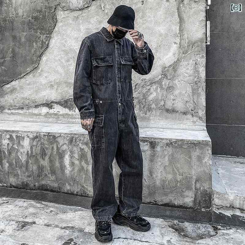 つなぎ 作業着 ストリート ウォッシュブルー デニム ジャンプスーツ メンズ カジュアル イベント 衣装 ダンス 韓国 K-POP シンプル ハイウエスト