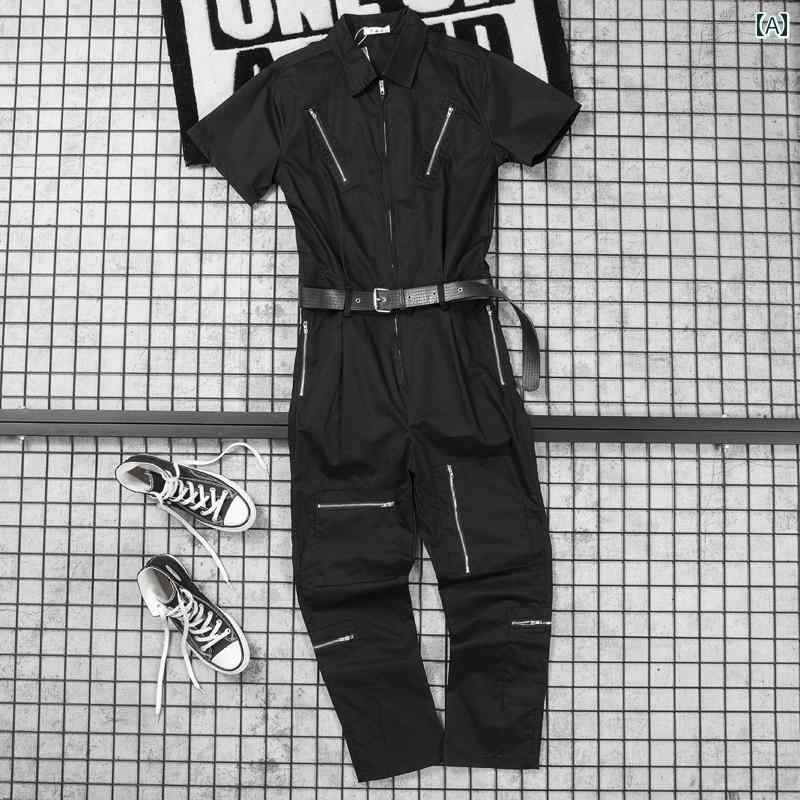 つなぎ おしゃれ 作業着 ストリート メンズ 夏 男性 ユニセックス カジュアル ジャンプスーツ 半袖 ジッパー ポロ襟 ロングパンツ ベルト ポケット オーバーオール ワークウェアー ゆったりフィット