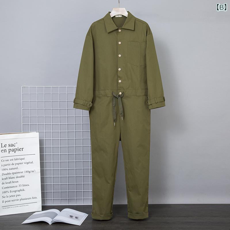 つなぎ おしゃれ 作業着 ストリート メンズ 春夏秋冬 男性 ユニセックス カジュアル コットン ジャンプスーツ 長袖 シングルブレスト ロングパンツ ドローストリング オーバーオール ワークウェアー ゆったりフィット