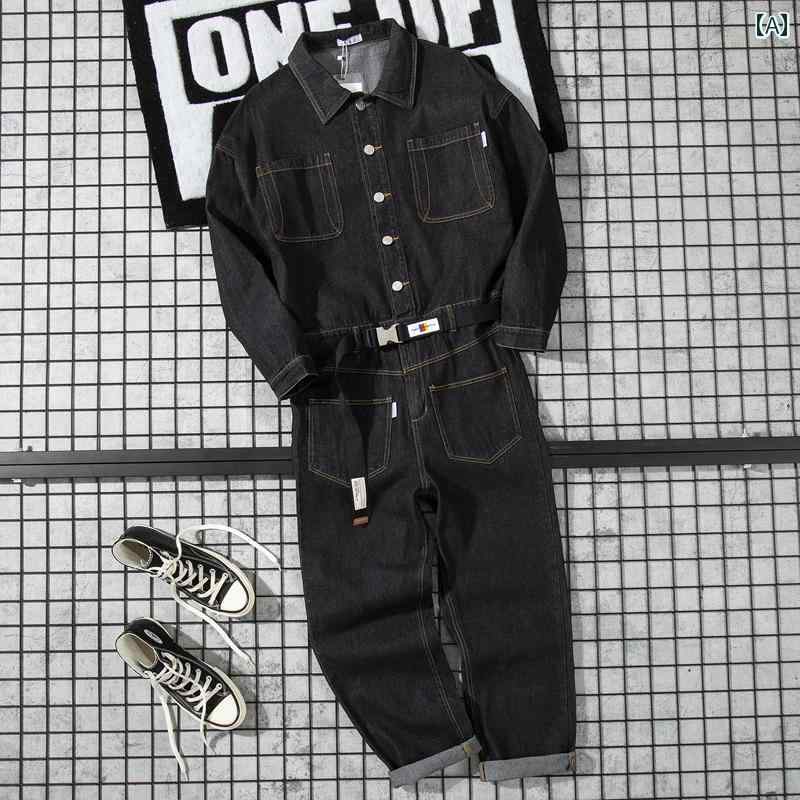 つなぎ メンズ 春夏秋冬 男性 ユニセックス カジュアル デニム ジャンプスーツ 長袖 シングルブレスト ポロ襟 ロングパンツ ベルト ポケット オーバーオール ワークウェアー 作業着 ゆったりフィット