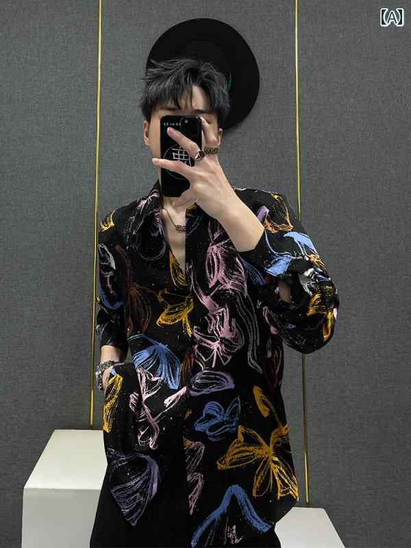 シャツ トップス メンズ カジュアル スタイリッシュ 夏 冷感 柄 長袖 大きい襟 ショルダーパッド エレガント ホットスタンピング プリント 男性用