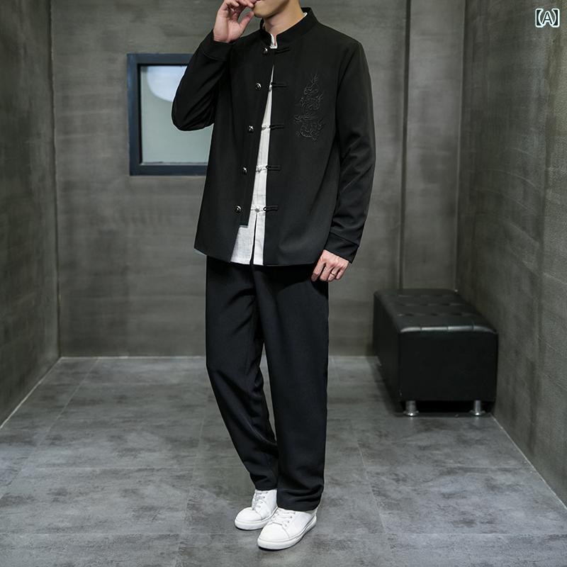 チャイナ風 立襟 スーツ チャイナ風 ジャケット 上着 パンツ セットアップ おしゃれ ファッション レトロ メンズ 春秋 刺繍 唐装 チュニック 漢服 大きいサイズ カジュアル 伝統