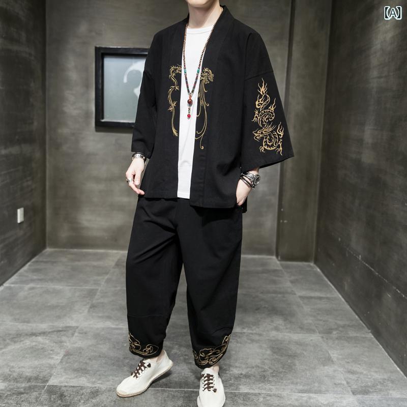 チャイナ風 ジャケット 上着 パンツ セットアップ 大きいサイズ おしゃれ ファッション レトロ メンズ 唐装 刺繍 綿 リネン スーツ 半袖 カジュアル 伝統