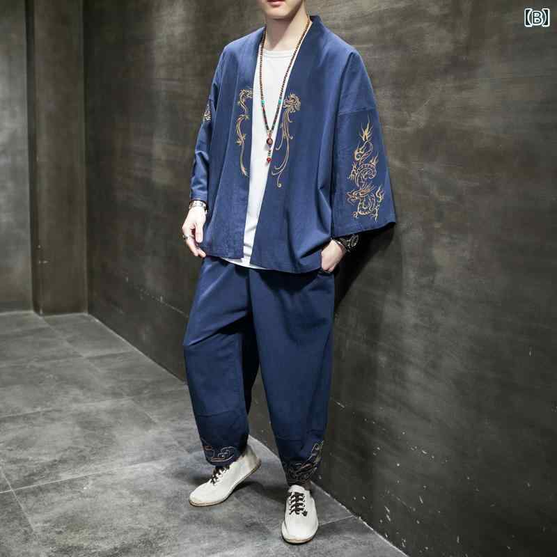 チャイナ風 ジャケット 上着 パンツ セットアップ 大きいサイズ おしゃれ ファッション レトロ メンズ 唐装 刺繍 綿 リネン スーツ 半袖 カジュアル 伝統