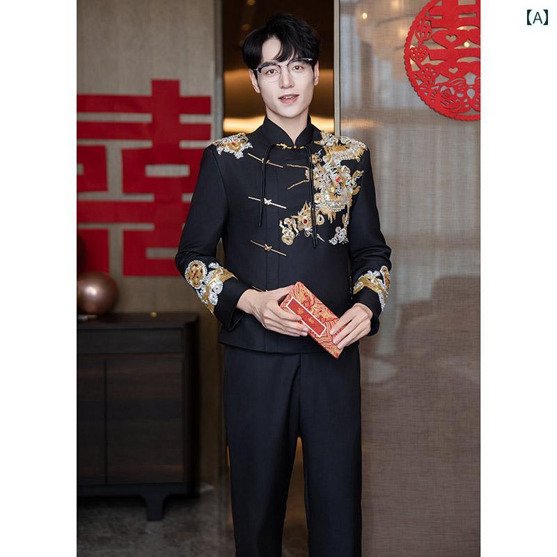 チャイナ風 ジャケット 上着 パンツ セットアップ おしゃれ ファッション レトロ メンズ 中国風 スーツ 結婚式 刺繍 唐装 フォーマル 大きいサイズ エレガント