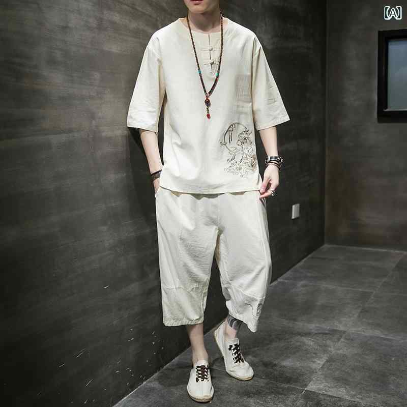 チャイナ風 パジャマ シャツ パンツ セットアップ おしゃれ ファッション レトロ メンズ 綿 リネン 夏 半袖 クロップド ホームウェア 刺繍 唐装 大きいサイズ
