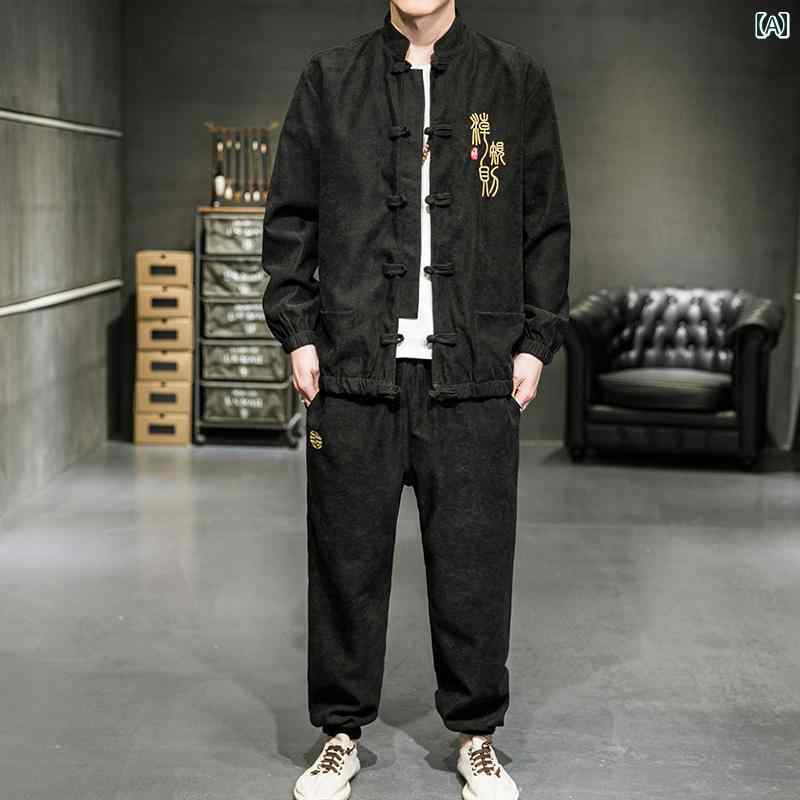 チャイナ風 ジャケット 上着 パンツ セットアップ おしゃれ ファッション レトロ メンズ 春秋 刺繍 大きいサイズ 中国風 唐装 漢服 長袖 カジュアル 伝統的