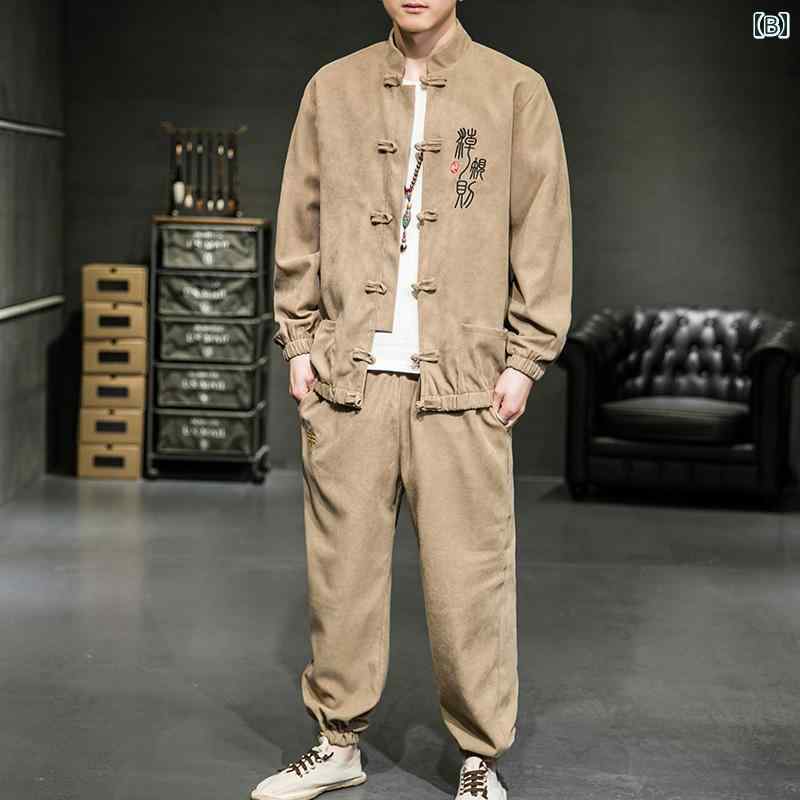 チャイナ風 ジャケット 上着 パンツ セットアップ おしゃれ ファッション レトロ メンズ 春秋 刺繍 大きいサイズ 中国風 唐装 漢服 長袖 カジュアル 伝統的