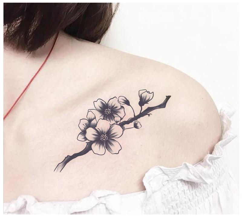 タトゥーシール 女性用 ハーブ ギャル ボディアート 黒 ダーク フラワー 花 肩 梅 長持ち リアル 色あ..