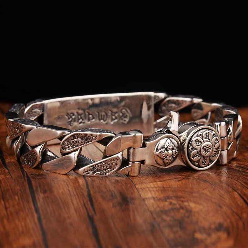 六字真言 ブレスレッド シルバー チェーン 編み込み 彫刻 太め 厚手 マントラ メンズ ギフト プレゼント ロック ヴィンテージ レトロ ..