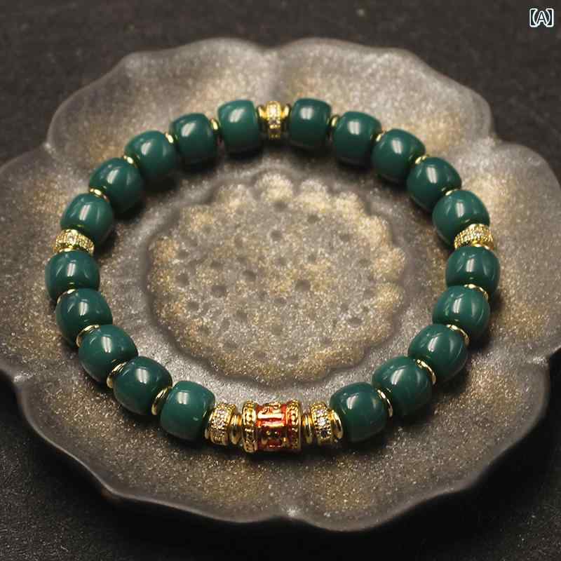 六字真言 ブレスレッド ガラス 緑 翡翠 珠 丸 ビーズ 磁器 回転式 マントラ フォーチュン メンズ レデ..