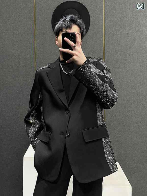 メンズ 男性用 ジャケット ラインストーン付き パーティージャケット ステージ衣装 パフォーマンス インフルエンサー シングルブレスト おしゃれ トレンディ ファッショナブル