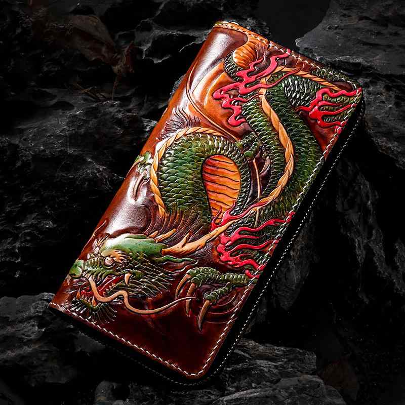 長財布 ウォレット カードスロット おしゃれ ファッション ロング 牛革 ドラゴン ジッパー 中国風 アー..