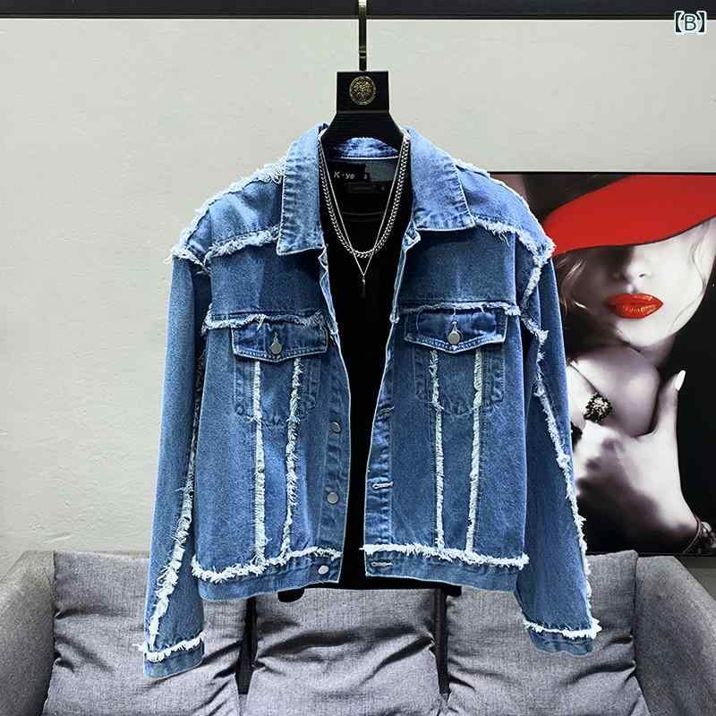 ショート ジャケット メンズ 秋冬 カジュアル デニム フリンジ 上着 長袖 シングルブレスト ポロ襟 パッド ポケット 防風 コート アウター スリム アウトドア 普段使い