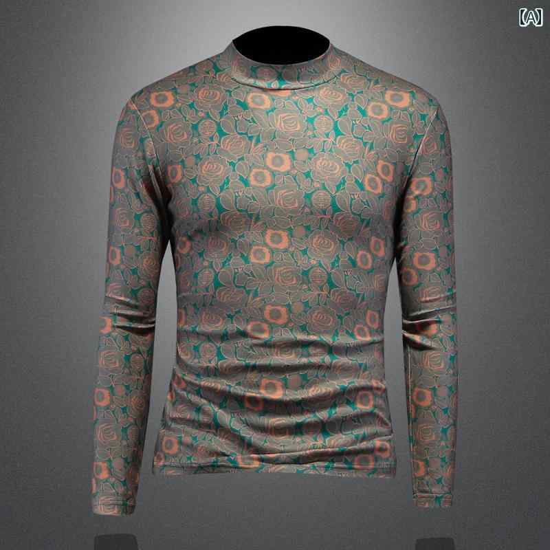 メンズ Tシャツ 花柄 プリントTシャツ ハイネック スリムフィット プルオーバー 大きいサイズ 長袖 春秋 リラックスウェア ナチュラル シンプル カジュアル 休日