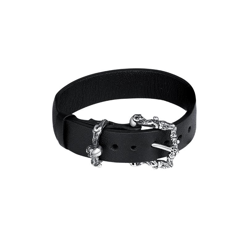 ブレスレット スカル 男性向け 銀 925 シルバー レトロ ヴィンテージライク ブラック レザー ロープ メンズ ロック パンク 個性 ボーイズ ハンド シルバー アクセサリー ベルト デザイン