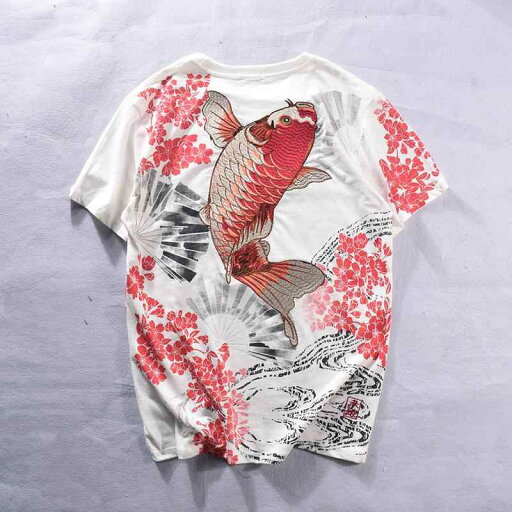 Tシャツ トップス コイ 和柄 メンズ 刺繍 鯉 ダイビング 半袖 桜 ゆったり 夏 男女 カジュアル 快適 おしゃれ オーバーサイズ ラウンドネック Tシャツ トップス コイ 和柄 メンズ 刺繍 鯉 ダイビング 半袖 桜 ゆったり 夏 男女 カジュアル 快適 おしゃれ オーバーサイズ ラウンドネック