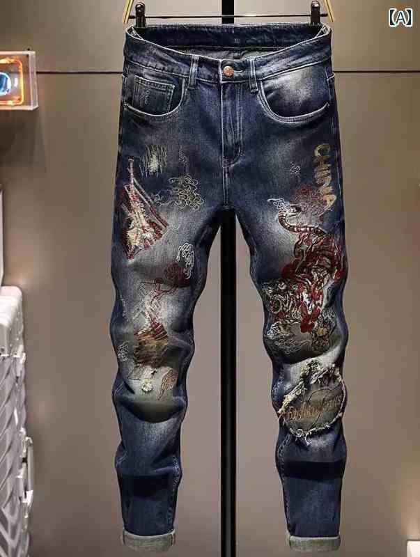 デニムパンツ 虎 タイガー おしゃれ 刺繍入り メンズ ジーンズ 秋冬用 ダメージ加工 エスニック モダン オールシーズン カジュアル ストレッチ ストリート