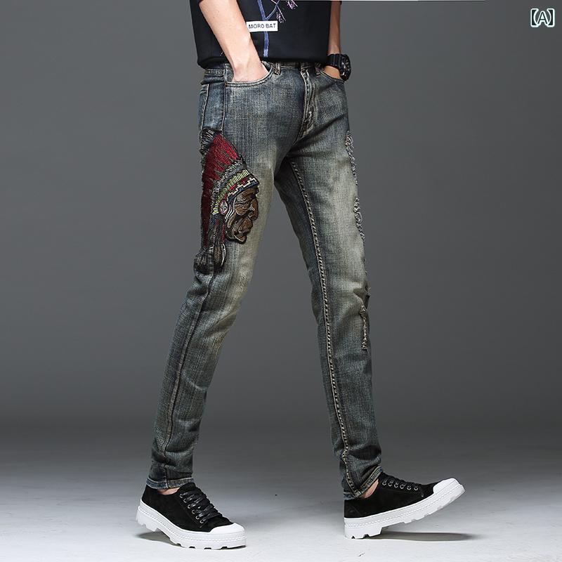 デニムパンツ 刺繍 メンズ カジュアル ジーンズ ジーパン チャイナ風 パンツ ボトムス 個性的 春秋 レトロ