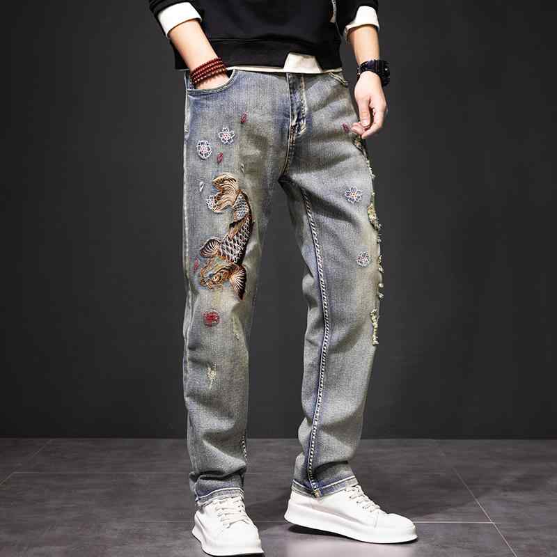 デニムパンツ 鯉 刺繍 メンズ カジュアル ジーンズ ジーパン チャイナ風 パンツ ボトムス 個性的 高級感 ノスタルジック スリムフィット