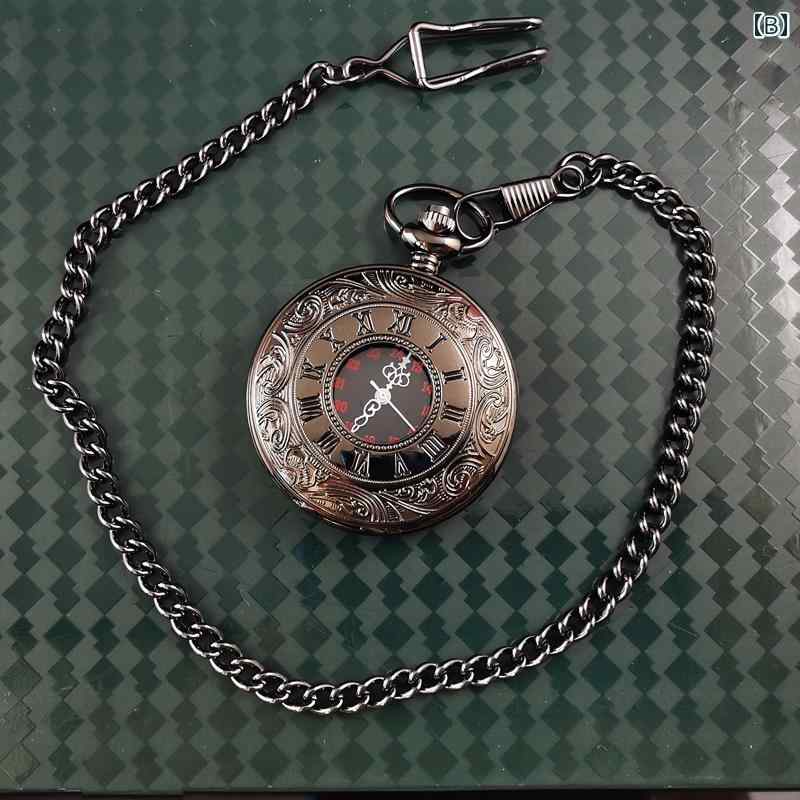 懐中時計 ローマ数字 シルバー 黒 ブロンズ 彫刻 フリップカバー ネックレス 催眠術 メンズ ギフト レトロ アンティーク モダン シック アクセサリー