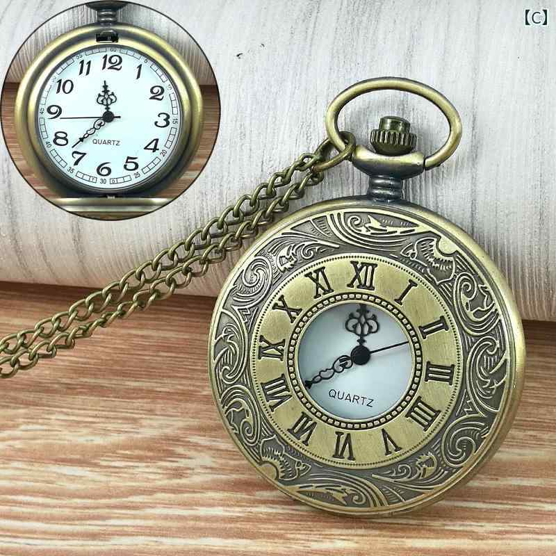 懐中時計 ローマ数字 シルバー 黒 ブロンズ 彫刻 フリップカバー ネックレス 催眠術 メンズ ギフト レトロ アンティーク モダン シック アクセサリー