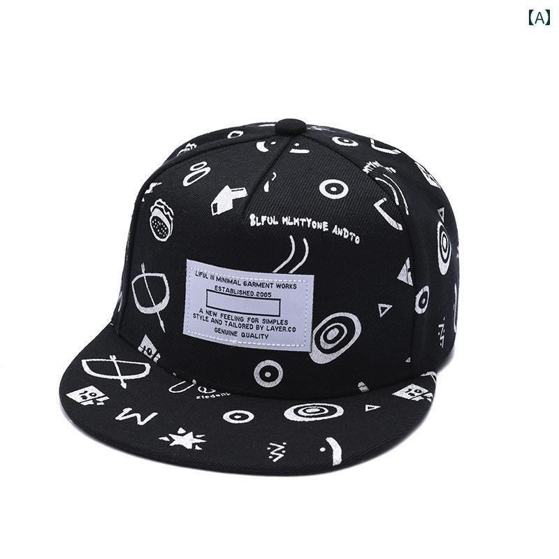 ベースボール キャップ 平つば ストリート ヒップホップ DJ ラッパー 韓国 帽子 パッチ 弓矢 落書き 黒..